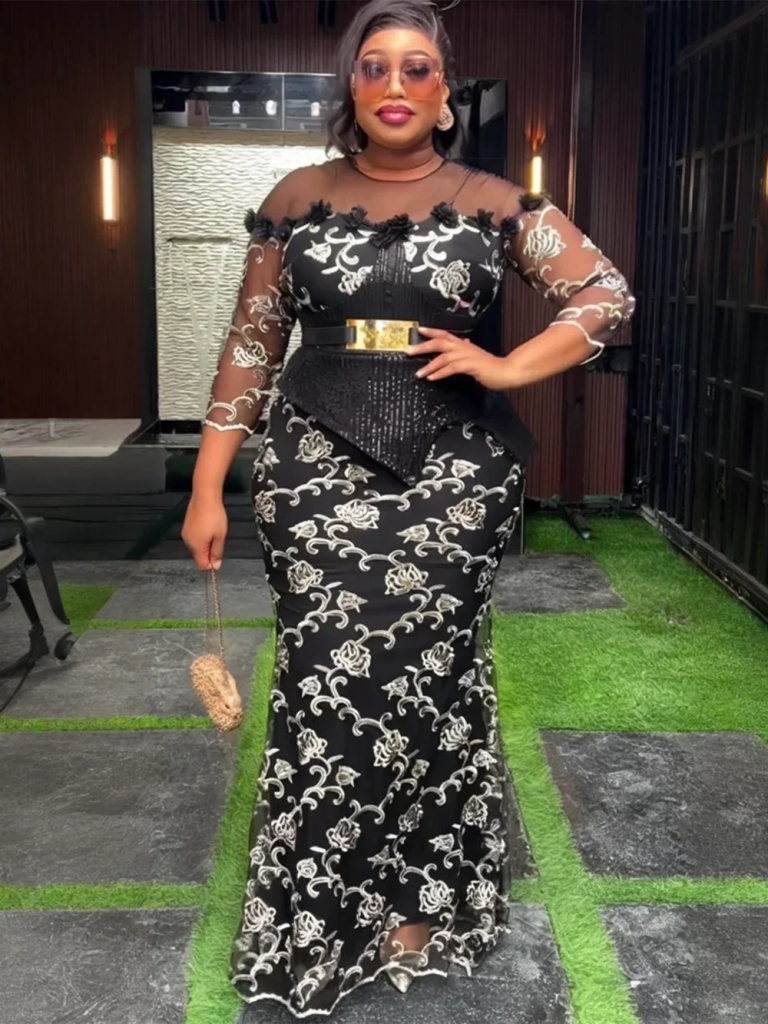 Plus Size African Dresses for Women – Luxury Embroidery Sequin Long Wedding Party Gown - Free Delivery Worldwide only at Flexi Africa