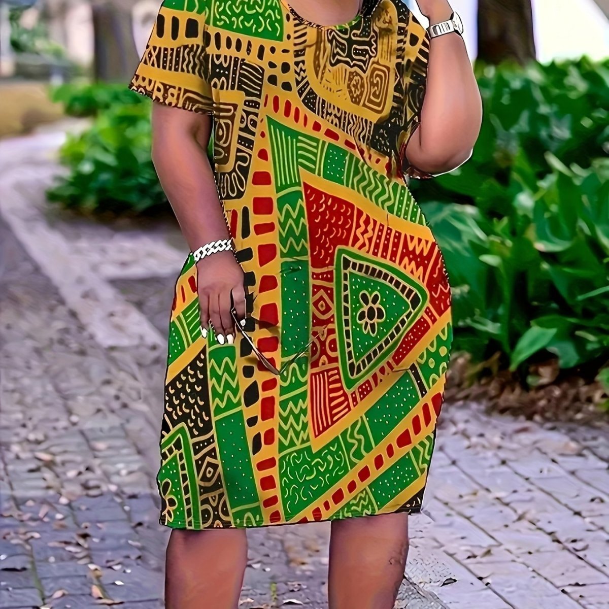 Plus Size African Print Tunic Dress for Women - Casual Crew Neck, Short Sleeve, Knit Polyester with Slight Stretch, Summer All - Over Print - Free Delivery Worldwide only at Flexi Africa