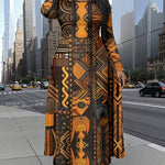 Plus Size African Tribal Print Maxi Dress – Long Sleeve A - Line Fit - Free Delivery Worldwide only at Flexi Africa