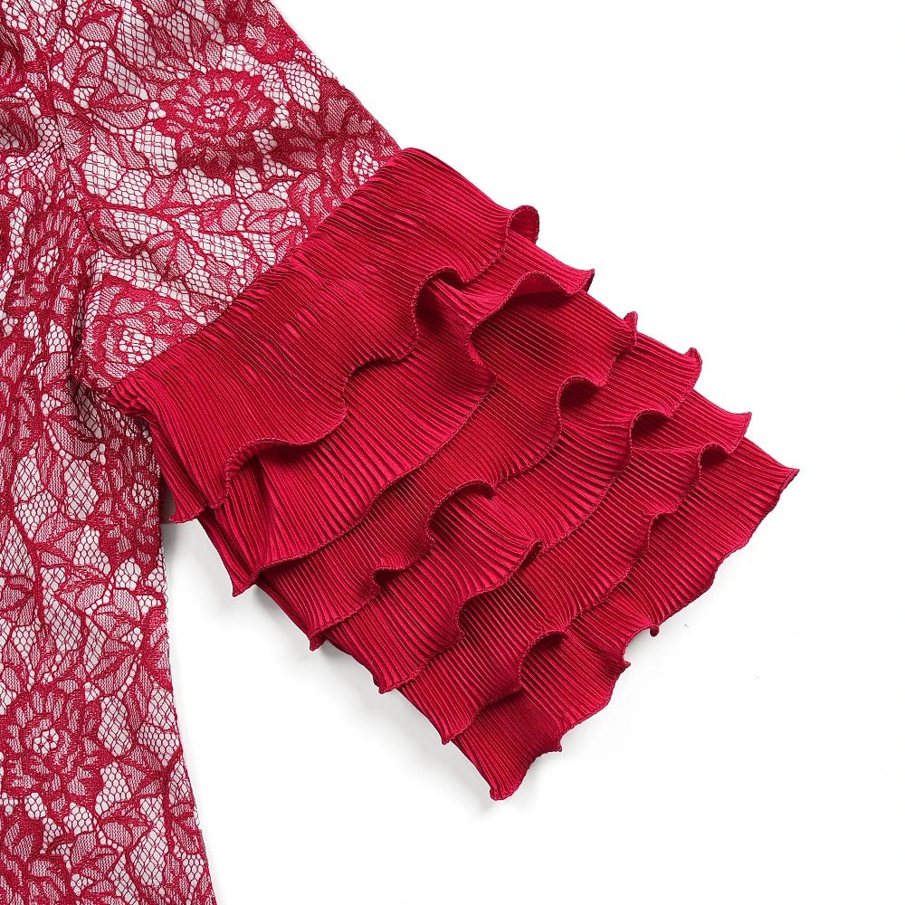 Plus Size African Wedding Outfit – Red Lace Top & Elegant Pleated Maxi Skirt Set - Free Delivery Worldwide only at Flexi Africa