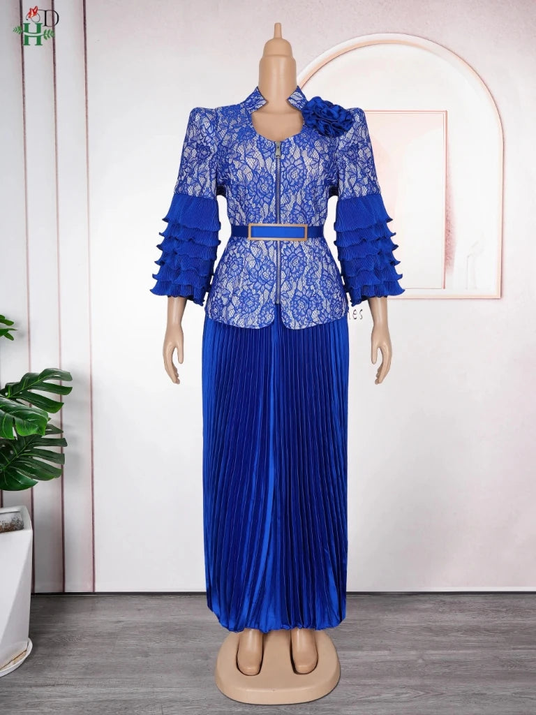 Plus Size African Wedding Outfit – Red Lace Top & Elegant Pleated Maxi Skirt Set - Free Delivery Worldwide only at Flexi Africa