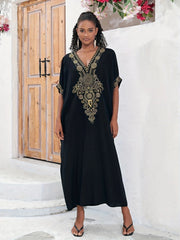 Plus Size Boho Maxi Dress for Ramadan, Women's V Neck Geometric Print Kaftan with Batwing Sleeves - Free Delivery Worldwide only at Flexi Africa