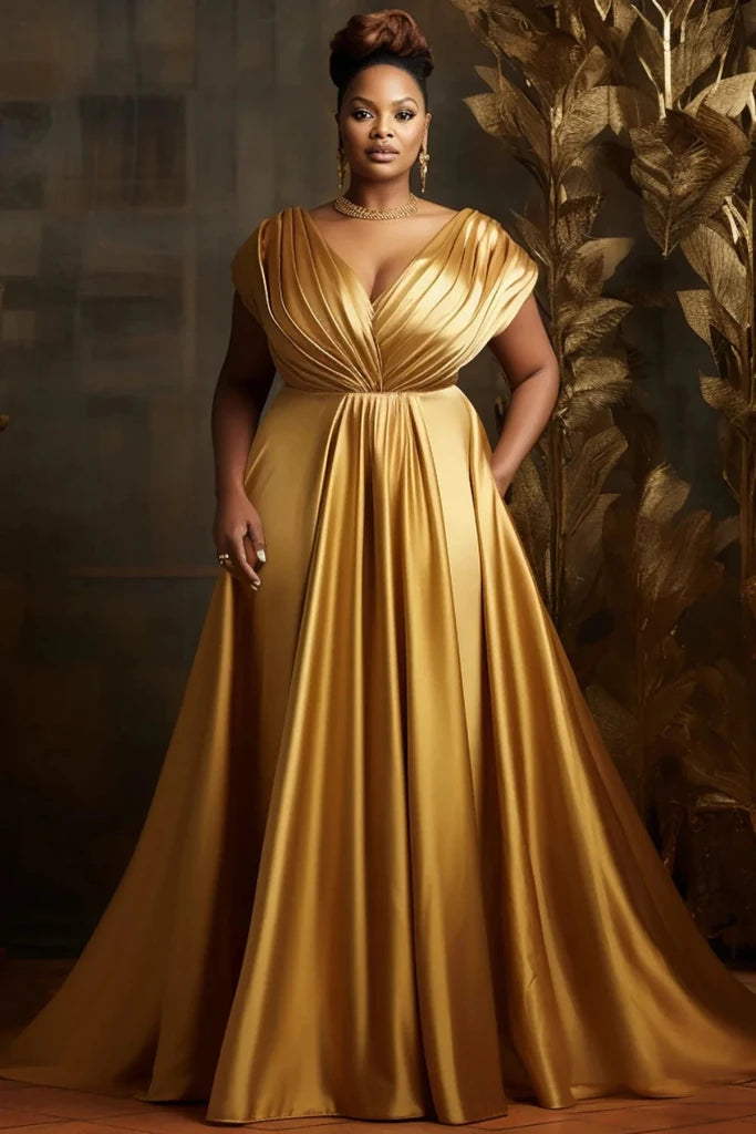 Plus Size Formal Evening Satin Dress Elegant Tierred V - Neck Sleeveless Gold Luxury High Waist A - Line Party Wedding Maxi Dresses - Free Delivery Worldwide only at Flexi Africa