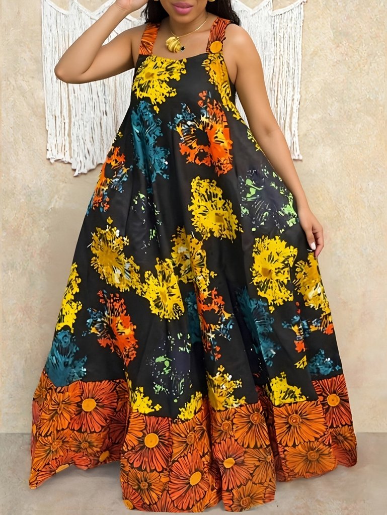 Plus Size Geometric Print Sleeveless Tunic Dress – Square Neck Loose Casual Spring & Fall Fashion - Free Delivery Worldwide only at Flexi Africa