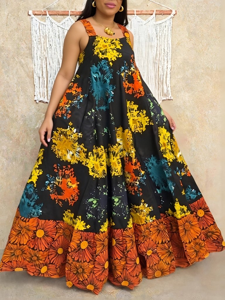 Plus Size Geometric Print Sleeveless Tunic Dress – Square Neck Loose Casual Spring & Fall Fashion - Free Delivery Worldwide only at Flexi Africa