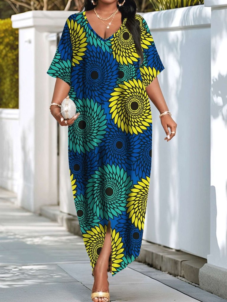 Plus Size Women’s African Wax Print Maxi Dress – A - Line Fitted Gown with Short Sleeves - Free Delivery Worldwide only at Flexi Africa