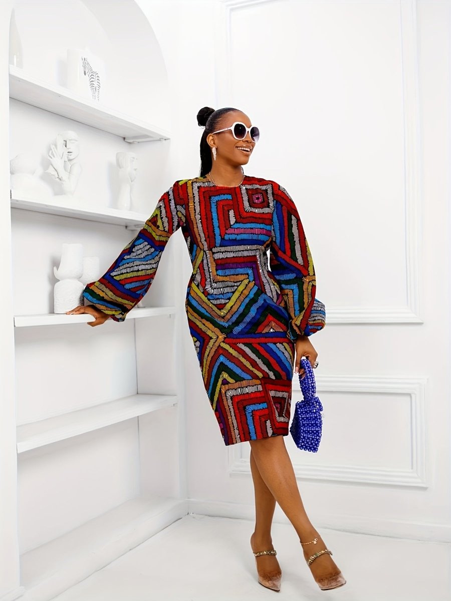 Plus Size Women's Colorful Geometric Print Dress - Casual Long Sleeve, Round Neck, 100% Polyester - Free Delivery Worldwide only at Flexi Africa