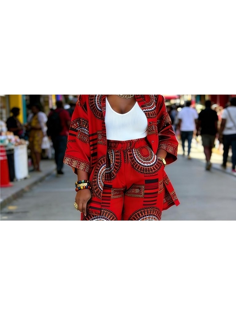 Plus Size Women’s Printed Suit Set (XL–8XL) – Casual Long Sleeve Top & Pants Outfit, Soft Stretch Fabric - Free Delivery Worldwide only at Flexi Africa