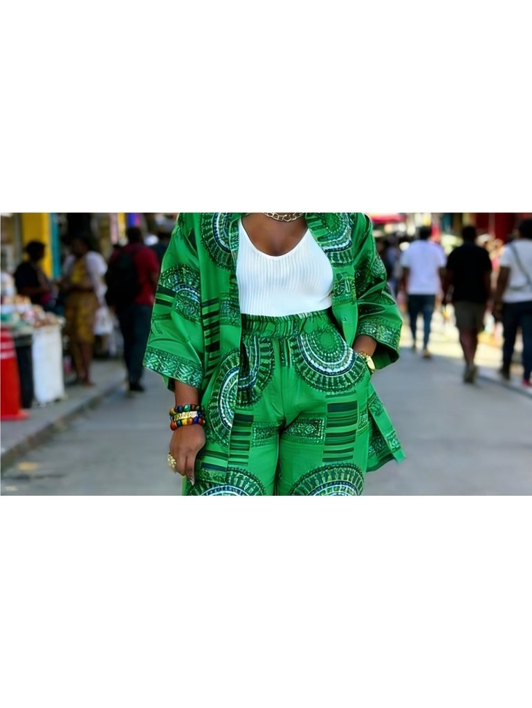 Plus Size Women’s Printed Suit Set (XL–8XL) – Casual Long Sleeve Top & Pants Outfit, Soft Stretch Fabric - Free Delivery Worldwide only at Flexi Africa