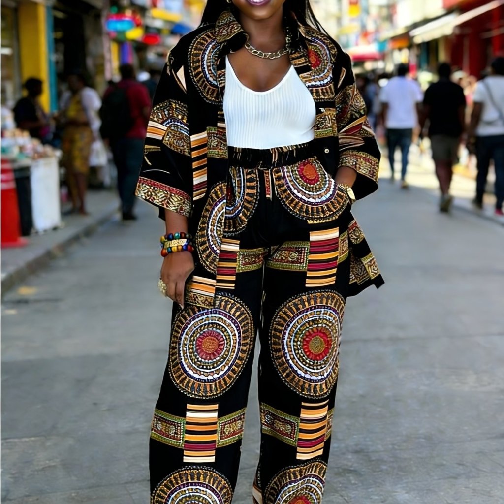 Plus Size Women’s Printed Suit Set (XL–8XL) – Casual Long Sleeve Top & Pants Outfit, Soft Stretch Fabric - Free Delivery Worldwide only at Flexi Africa