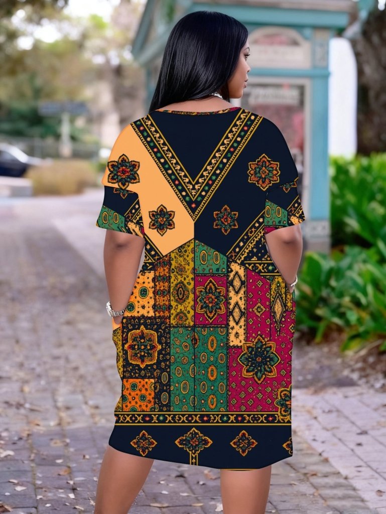 Plus Size Women’s V - Neck Dashiki Dress | Black African Print with Yellow, Green, Red & Orange Accents | Casual & Party Wear - Free Delivery Worldwide only at Flexi Africa