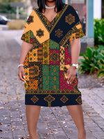 Plus Size Women’s V - Neck Dashiki Dress | Black African Print with Yellow, Green, Red & Orange Accents | Casual & Party Wear - Free Delivery Worldwide only at Flexi Africa