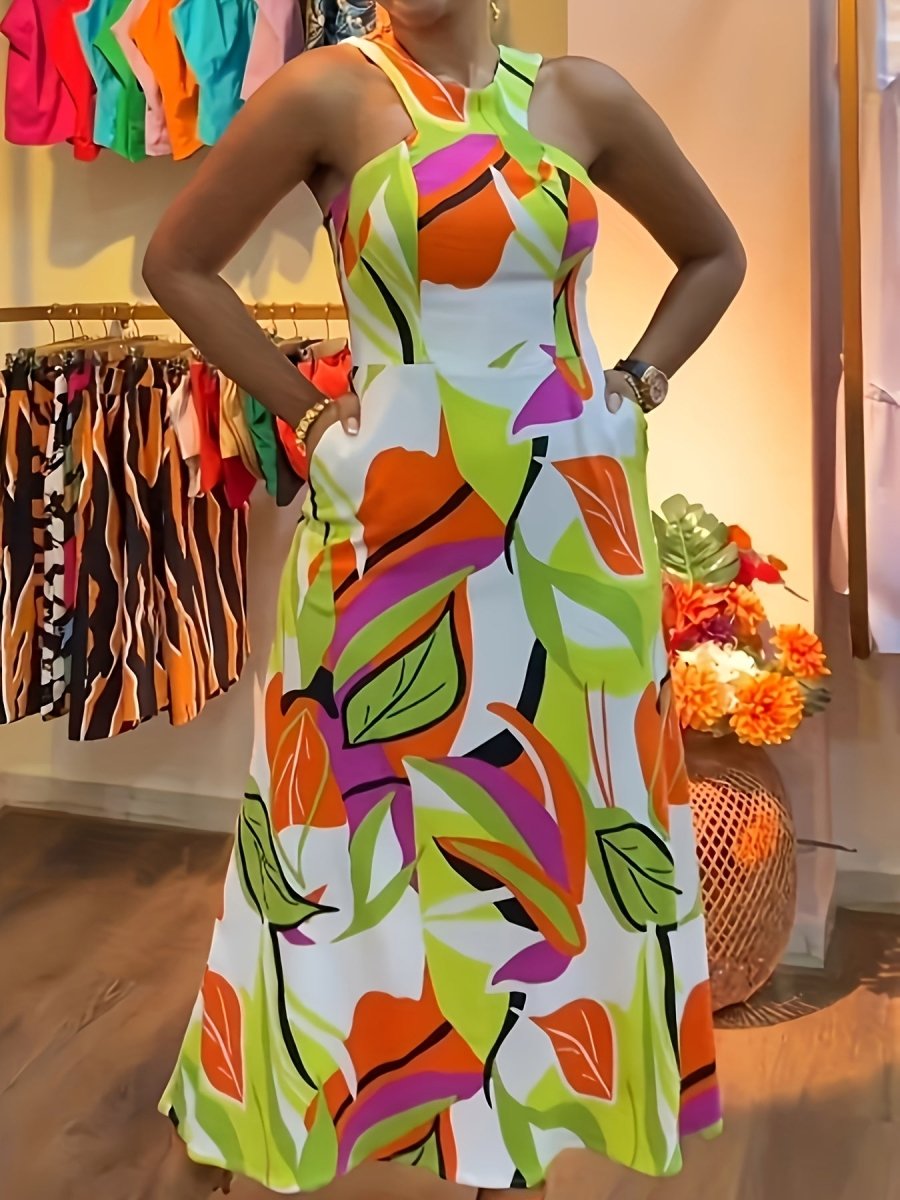 Print Casual Vacation Ready Halter Dress with Plant Print - Polyester - Free Delivery Worldwide only at Flexi Africa