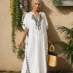 Ramadan Plus Size Boho Kaftan Dress - Golden Embroidered Bat Sleeve Notched Neck Maxi Cover Up Dress - Free Delivery Worldwide only at Flexi Africa