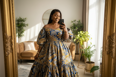 REALISITC PHOTO OF A AFRICAN WOMAN TAKING A SELFIE OF A DRESS