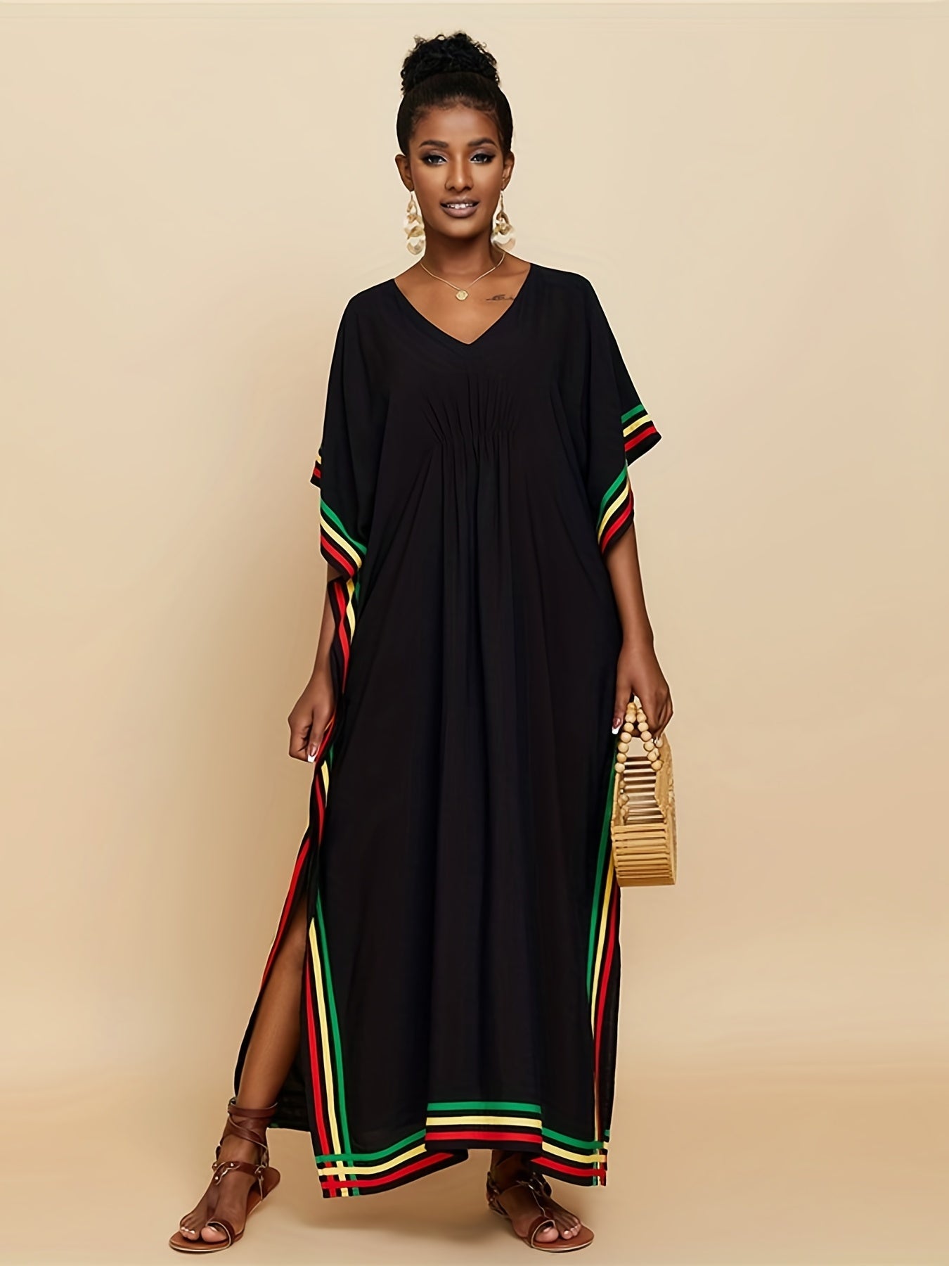 Striped Print V - Neck Batwing Sleeve Cover Up Dress, Side Split Loose Fit Black Elegant Beach Kaftan - Free Delivery Worldwide only at Flexi Africa