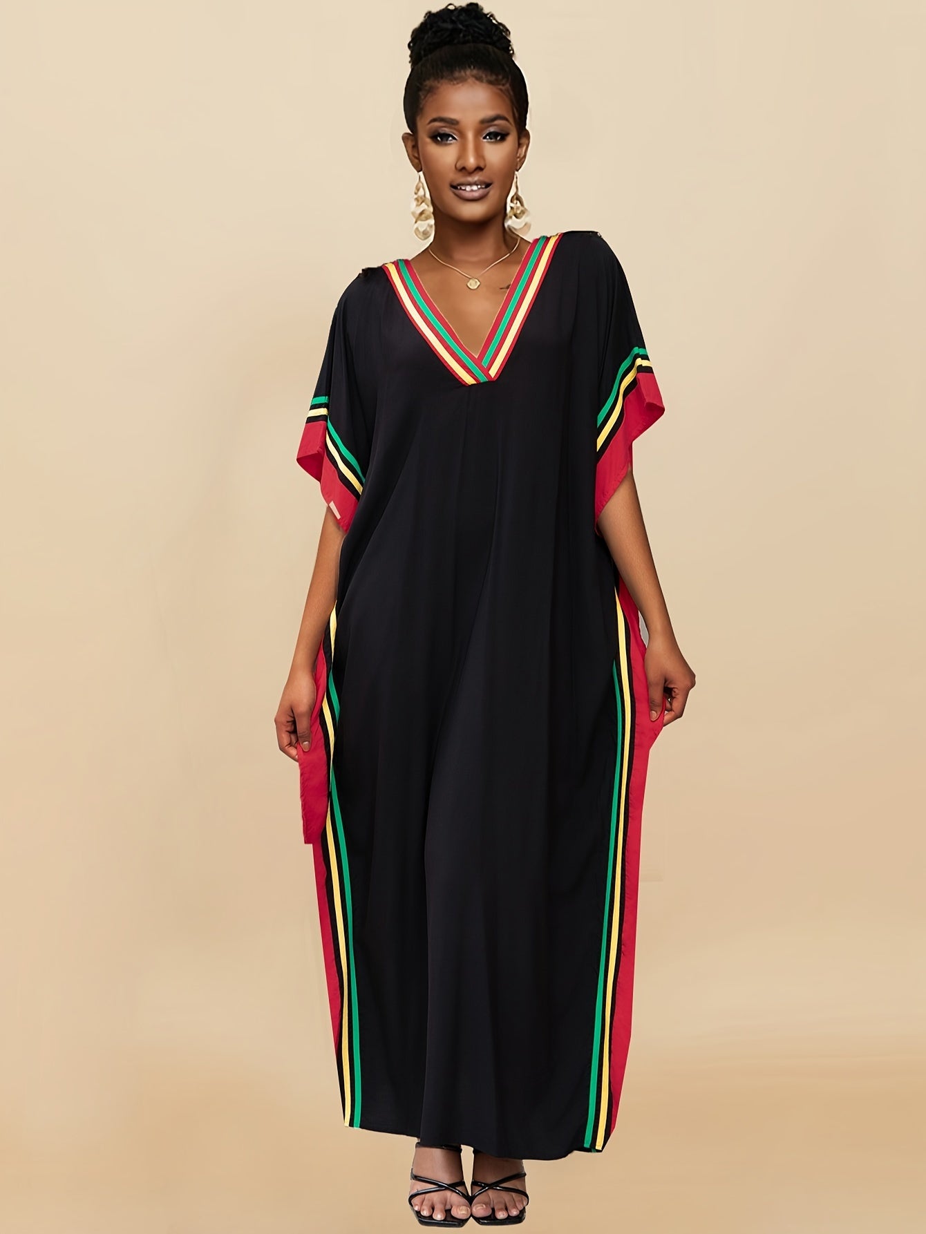 Striped Print V - Neck Batwing Sleeve Cover Up Dress, Side Split Loose Fit Black Elegant Beach Kaftan - Free Delivery Worldwide only at Flexi Africa