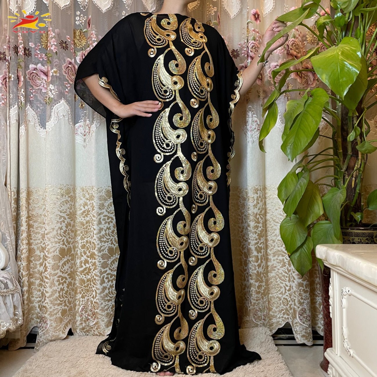 Stunning African Embroidery Flower Dress for Women - Muslim Sequin Embroidery and Scarf Included - Flexi Africa FREE POST