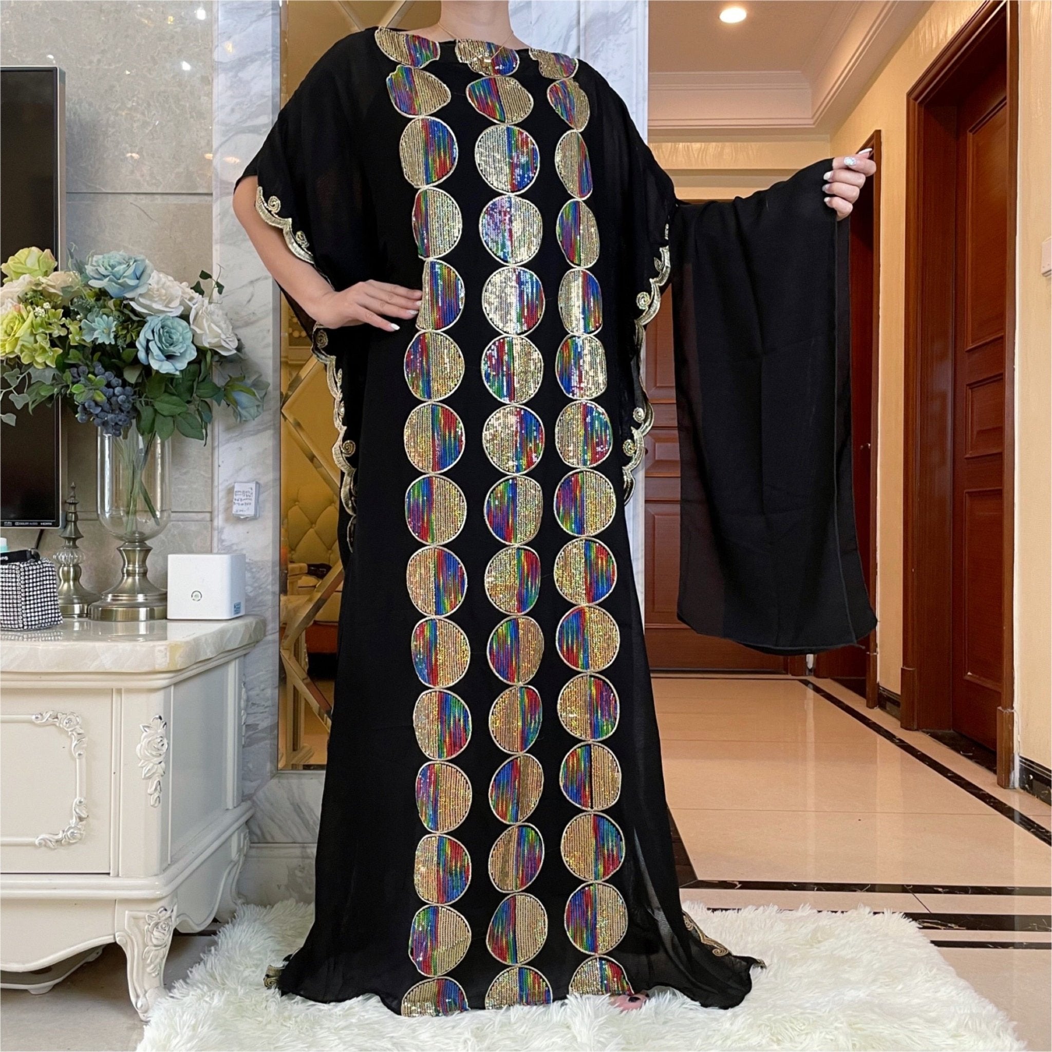 Stunning African Embroidery Flower Dress for Women - Muslim Sequin Embroidery and Scarf Included - Flexi Africa FREE POST