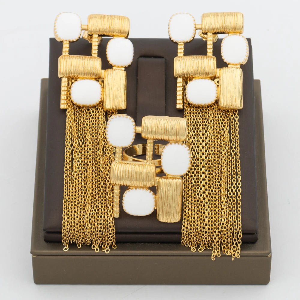 Stunning African-inspired Jewelry Set: Gold-tone Earrings and Ring with Geometric Design and Tassel Accents - Flexi Africa