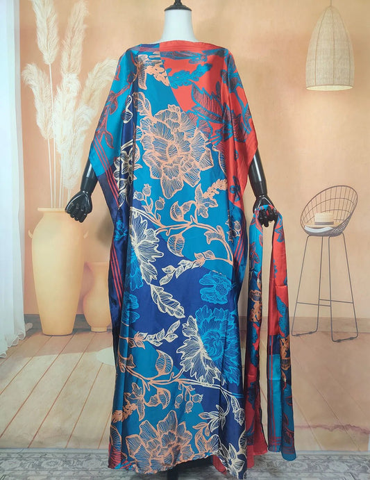 Stunning Silk Kaftan Maxi Dress with Matching Scarf: Perfect Summer Boho Beachwear for Women - Free Delivery Worldwide only at Flexi Africa