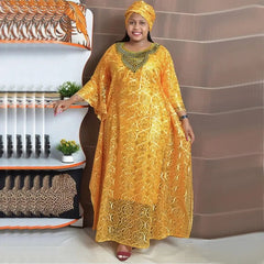 Summer African Dresses for Women: Dashiki Ankara Lace Bazin Traditional Robe with Matching Headtie - Free Delivery Worldwide only at Flexi Africa