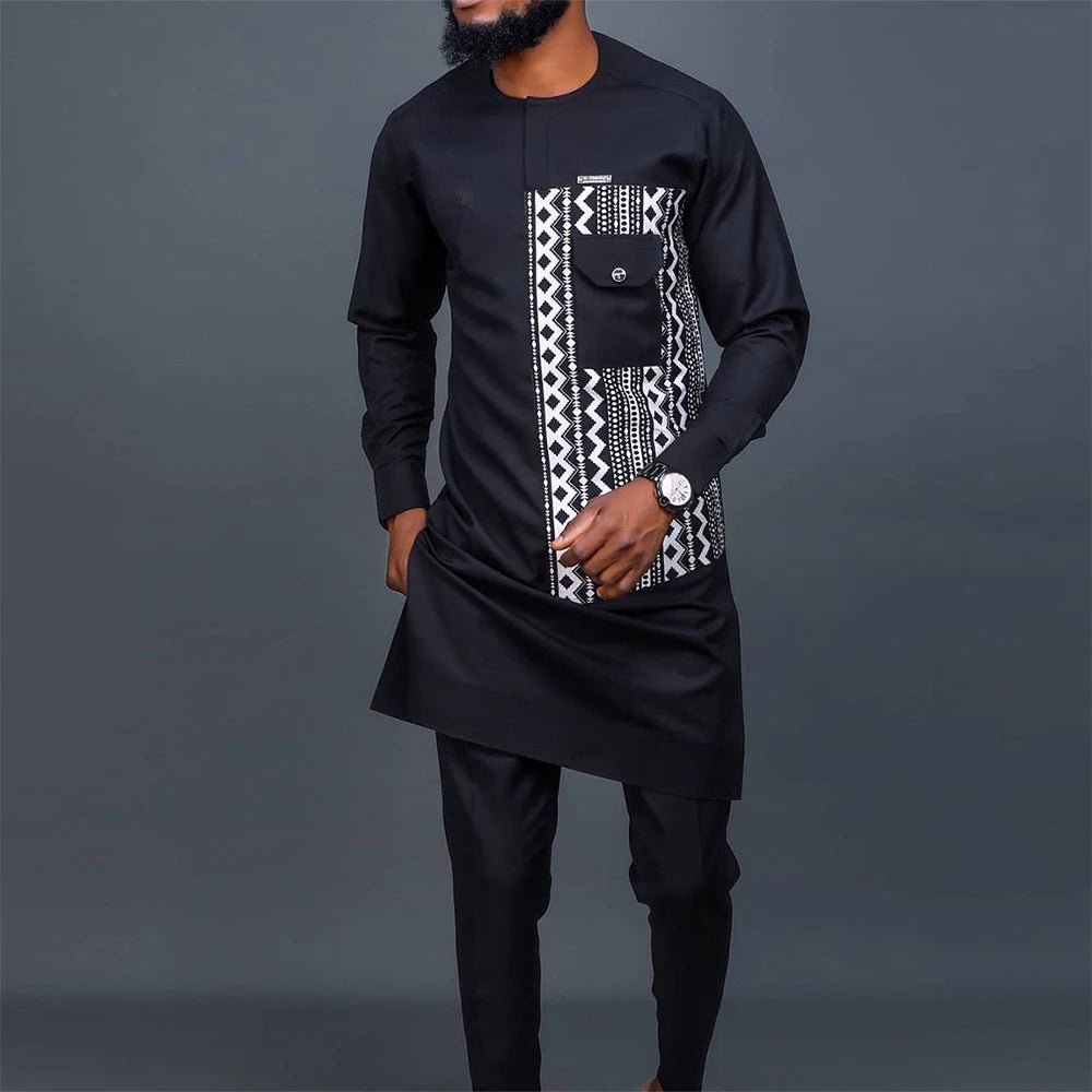 Summer Dashiki New Men's Suits Shirt Embroidered Kaftan Long Sleeve Top and Casual Pants 2 Piece Element Man Brand Set