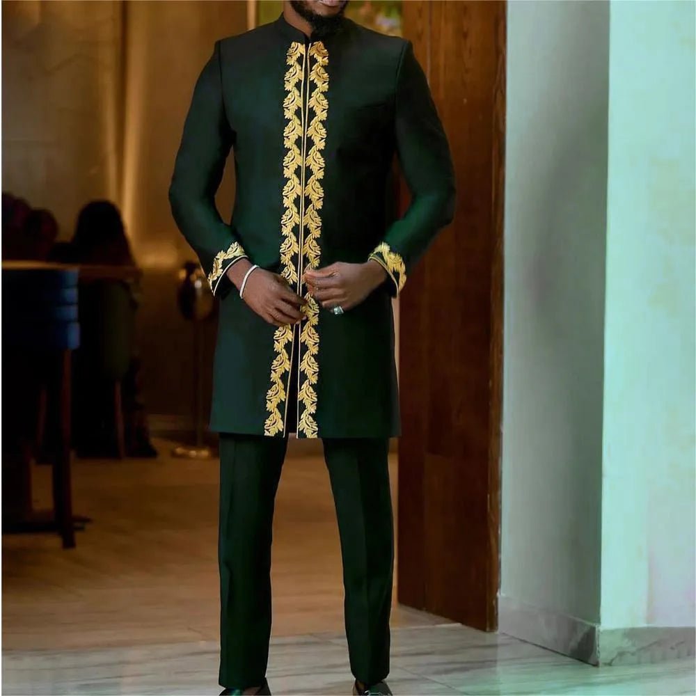Summer Dashiki New Men's Suits Shirt Embroidered Kaftan Long Sleeve Top and Casual Pants 2 Piece Element Man Brand Set