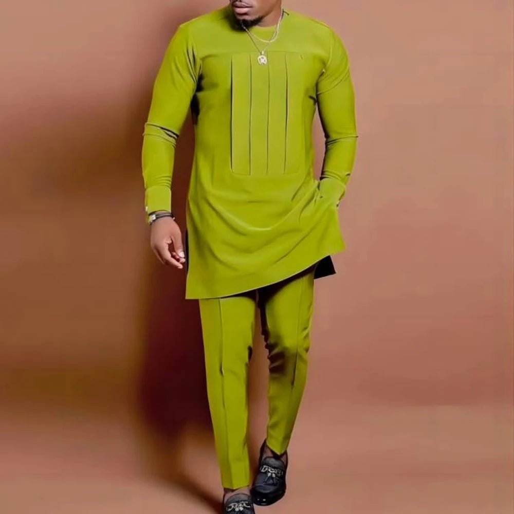 Summer Dashiki New Men's Suits Shirt Embroidered Kaftan Long Sleeve Top and Casual Pants 2 Piece Element Man Brand Set