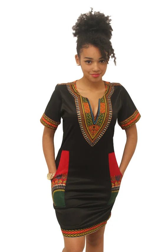 Summer Fashion: African Women's Short Sleeve V-neck Polyester Knee-length Dress - Flexi Africa - www.flexiafrica.com