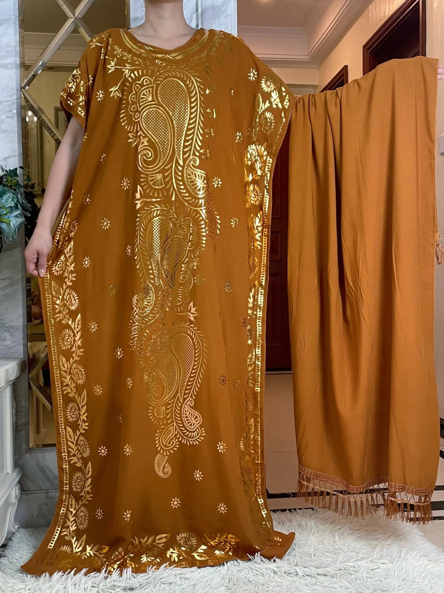 Summer Kaftan Dress with Oversized Scarf – Loose Fit Abaya for Women, African - Inspired Casual Maxi with Gold Stamping - Free Delivery Worldwide only at Flexi Africa