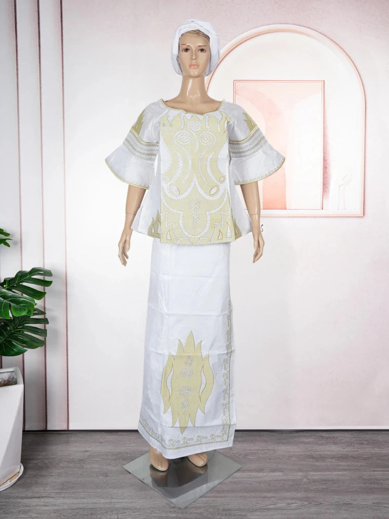 Traditional African Bazin Dress for Women – Embroidered Robe, Elegant Wedding & Party Attire - Free Delivery Worldwide only at Flexi Africa
