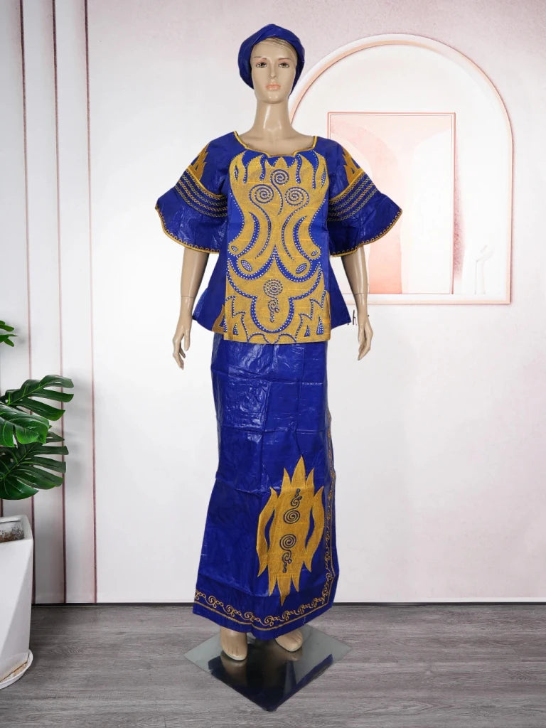 Traditional African Bazin Dress for Women – Embroidered Robe, Elegant Wedding & Party Attire - Free Delivery Worldwide only at Flexi Africa