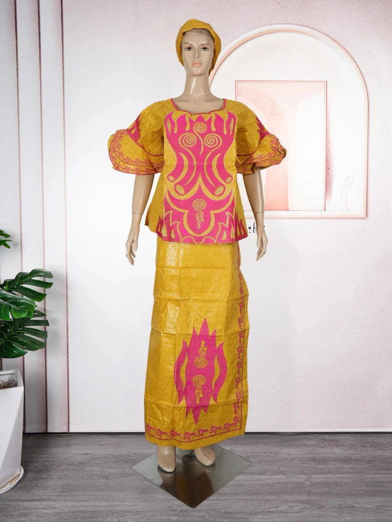 Traditional African Bazin Dress for Women – Embroidered Robe, Elegant Wedding & Party Attire - Free Delivery Worldwide only at Flexi Africa