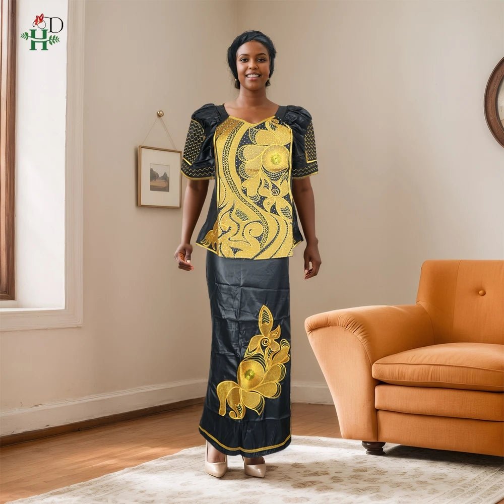 Traditional African Bazin Dress for Women – Embroidered Robe, Elegant Wedding & Party Attire - Free Delivery Worldwide only at Flexi Africa
