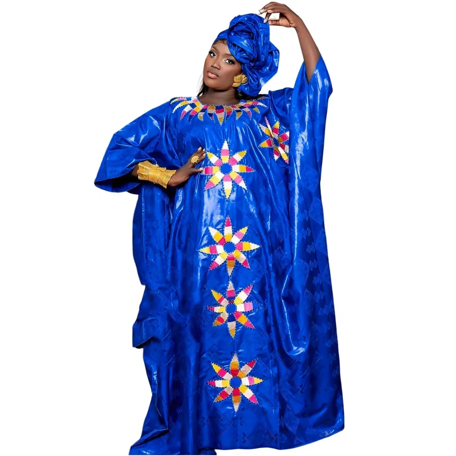 Traditional Bazin Embroidery African Dresses for Couples: Floor - Length Dress Ensemble with Matching Scarf - Flexi Africa - Free Delivery Worldwide only at www.flexiafrica.com