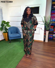 Traditional Nigerian Flower Print Slit Caftan Dress: Elegant African Long Dresses for Women, Robe Femme Clothing Flexi Africa