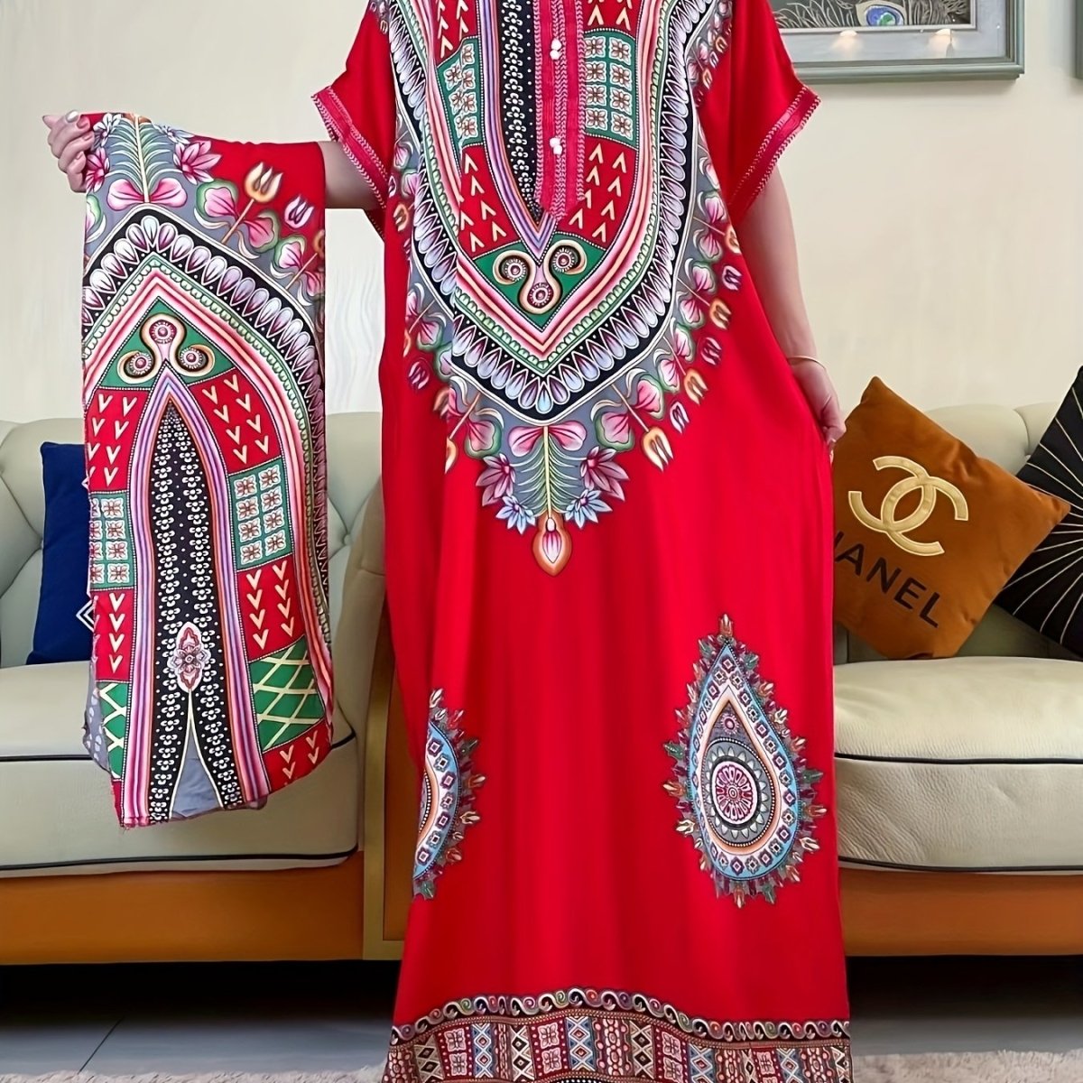 Vibrant Middle Eastern African Kaftan Dress - Colorful Rayon Tribal Long Gown with Short Sleeves, Loose Fit for All Seasons, Handwash/Dry Clean - Elegant Casual Wear - Free Delivery Worldwide only at Flexi Africa