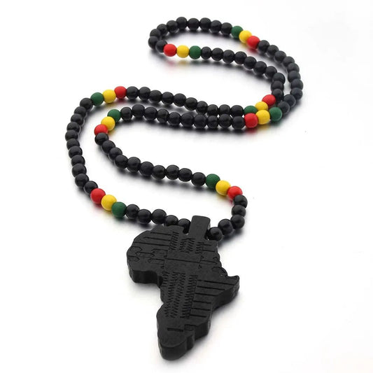 Unisex Africa Map Wooden Pendant Necklace with Beaded String - Hip Hop Jewelry - Free Delivery Worldwide only at Flexi Africa