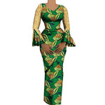 Women's African Outfits 2 Pieces Set Shiny Flare Sleeves V Neck Tops and Long Pencil Skirts African Clothes for Women