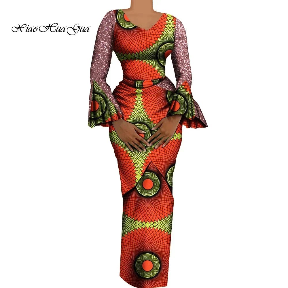 Women African Outfits 2 Pieces Set Shiny Flare Sleeves V Neck Tops and Long Pencil Skirts African Clothes for Women WY9972 - Free Delivery Worldwide only at Flexi Africa