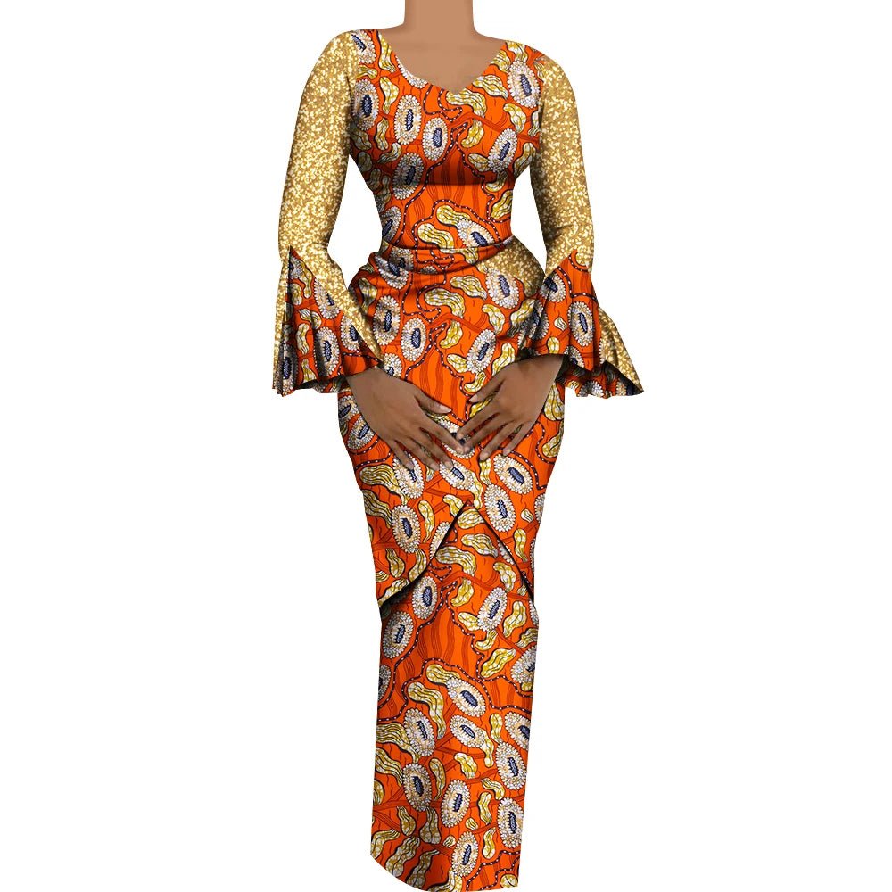Women African Outfits 2 Pieces Set Shiny Flare Sleeves V Neck Tops and Long Pencil Skirts African Clothes for Women WY9972 - Free Delivery Worldwide only at Flexi Africa