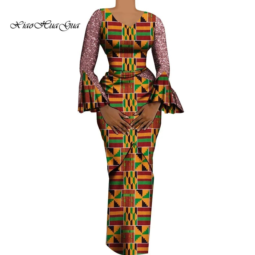 Women's African Outfits 2 Pieces Set Shiny Flare Sleeves V Neck Tops and Long Pencil Skirts African Clothes for Women