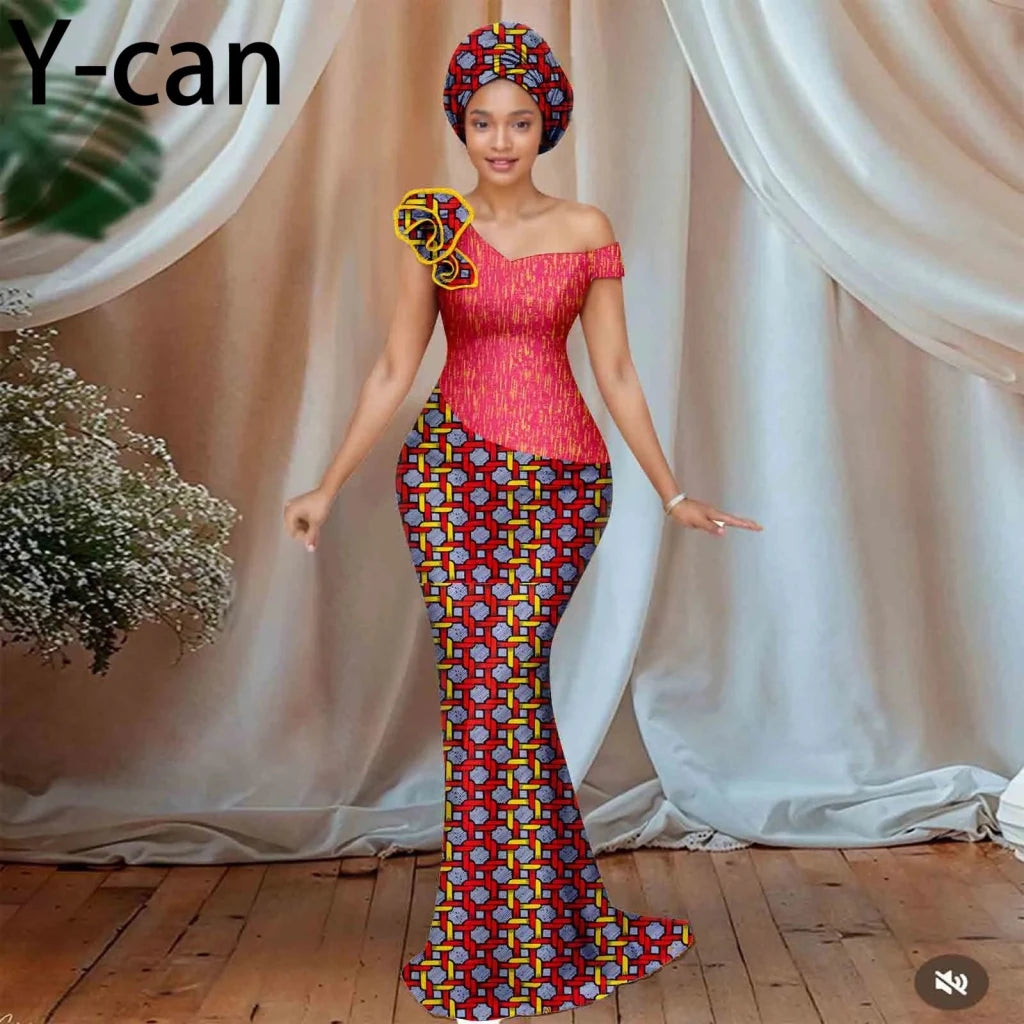 Buy Women’s African Ankara Floral Gown – One-Shoulder Sexy Dress with Matching Headscarf for only $77.22 at Flexi Africa!