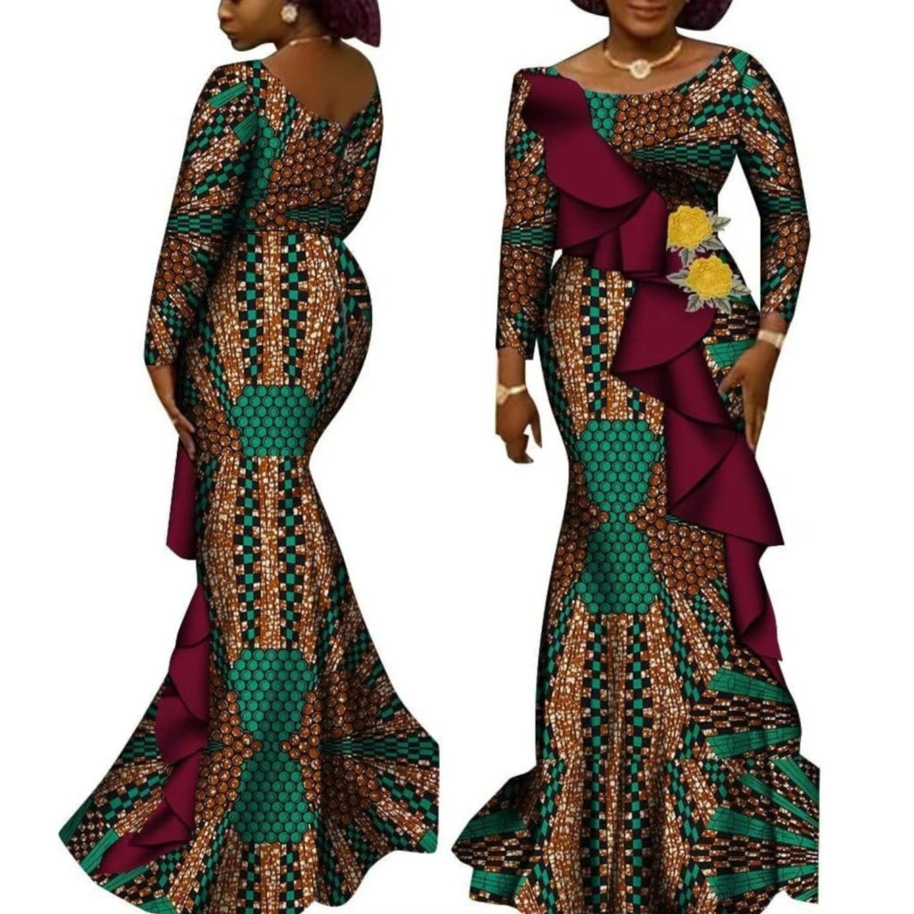 Women’s African Ankara Long Sleeve Dress – Cotton Dashiki Wedding Gown - Free Delivery Worldwide only at Flexi Africa