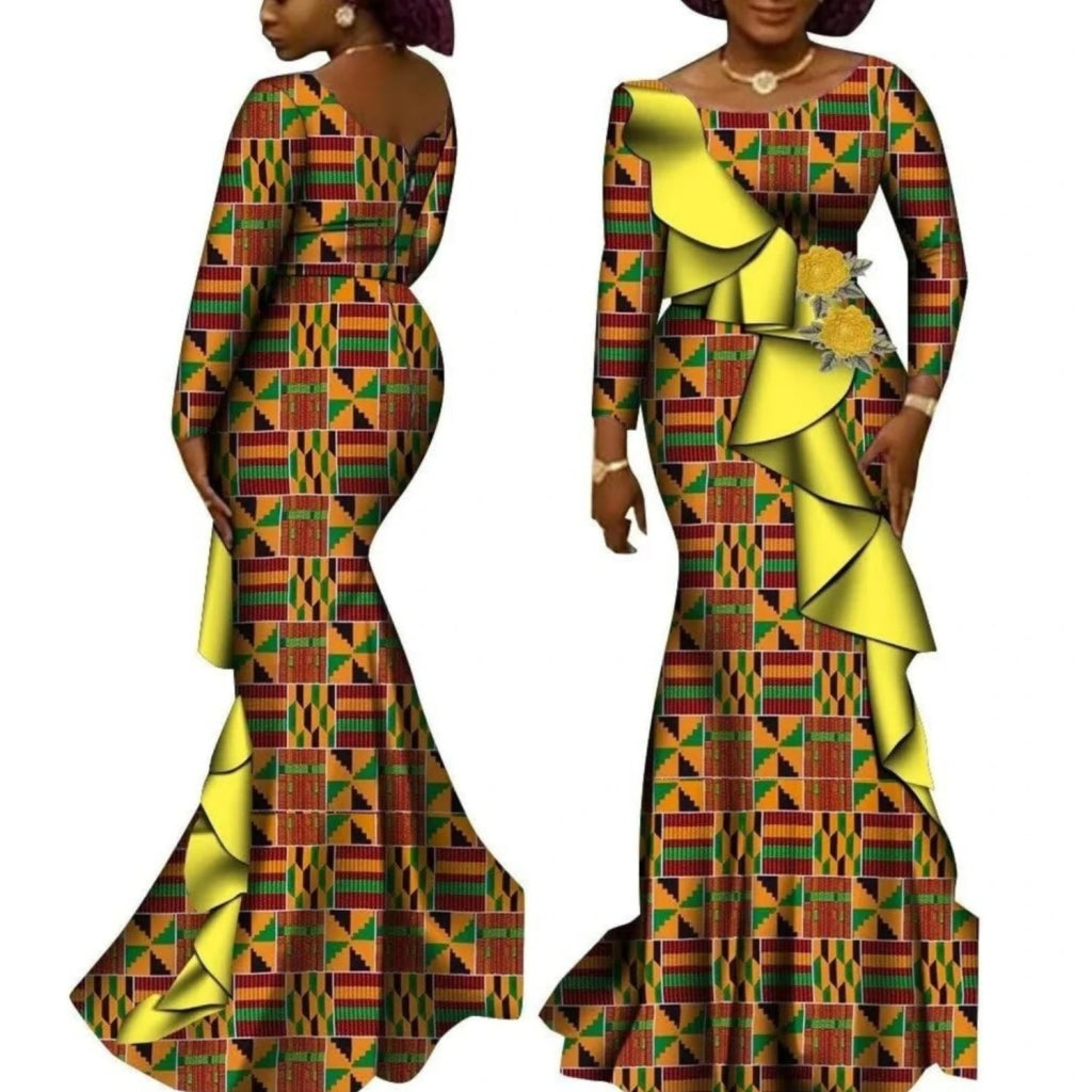 Women’s African Ankara Long Sleeve Dress – Cotton Dashiki Wedding Gown - Free Delivery Worldwide only at Flexi Africa