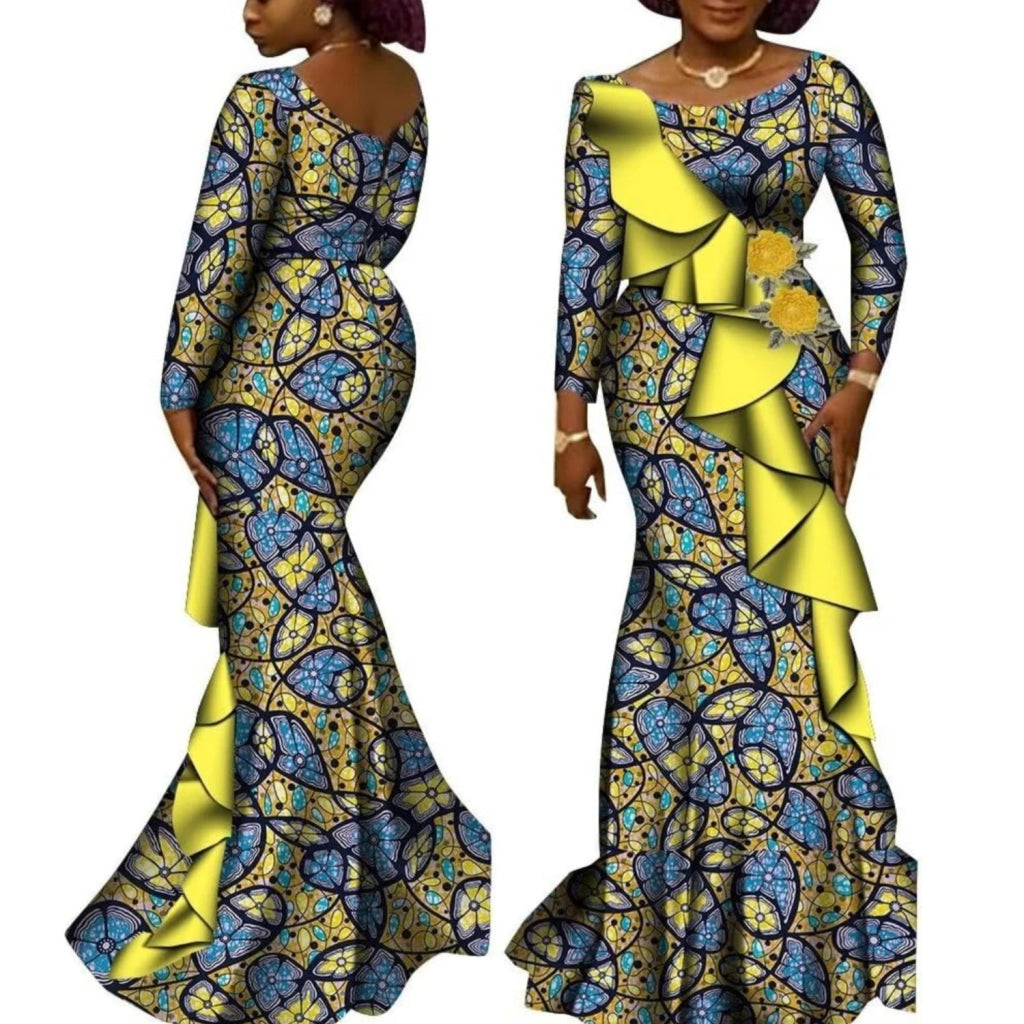 Women’s African Ankara Long Sleeve Dress – Cotton Dashiki Wedding Gown - Free Delivery Worldwide only at Flexi Africa