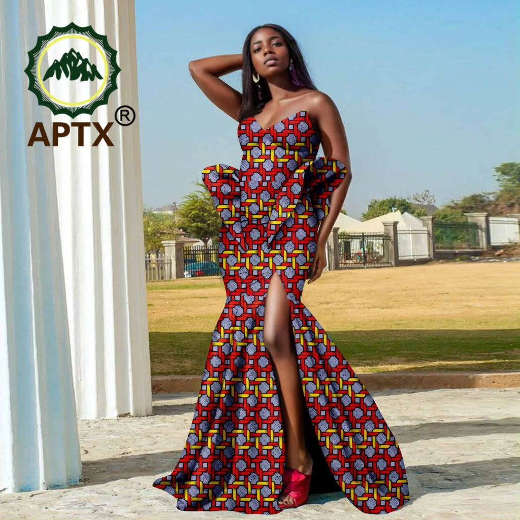 Women’s African Ankara Strapless Dress – Elegant High - Waist Slit Dashiki Party Gown - Free Delivery Worldwide only at Flexi Africa