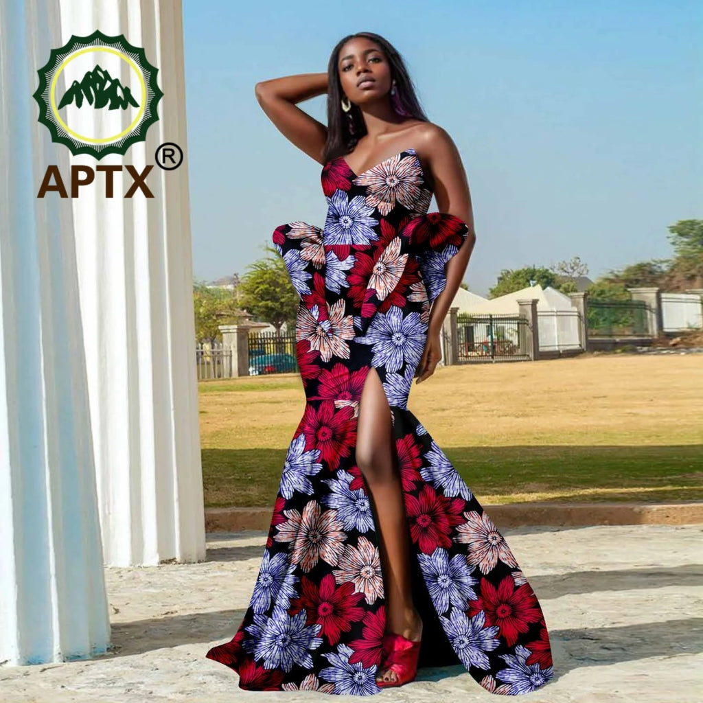 Women’s African Ankara Strapless Dress – Elegant High - Waist Slit Dashiki Party Gown - Free Delivery Worldwide only at Flexi Africa