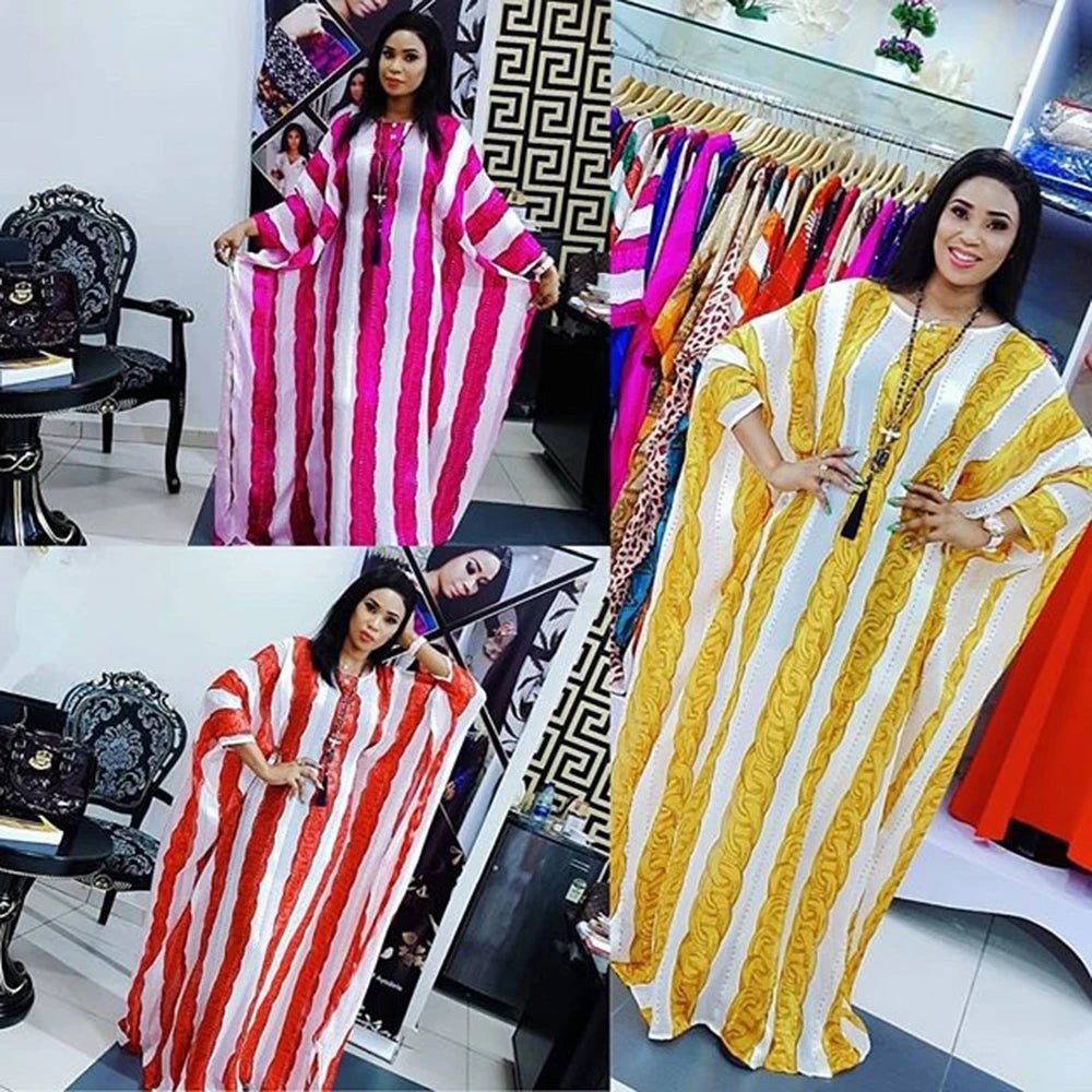 Buy Women's African Bazin Sleeve Dress – Spring Striped Loose Elegant Boubou Robe for only $26.29 at Flexi Africa!